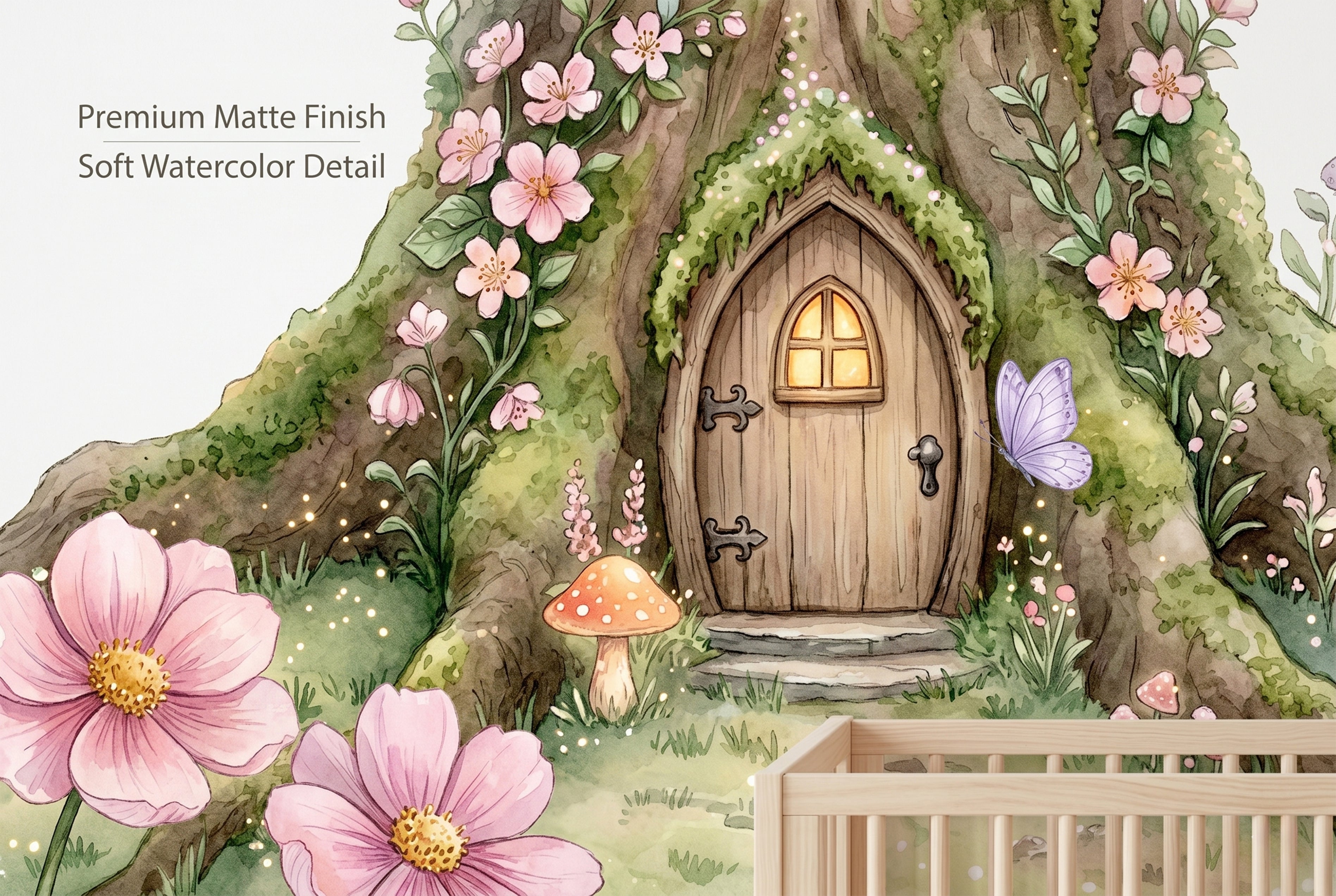 Close up of majestic moss-covered fairy tree with a glowing door and window