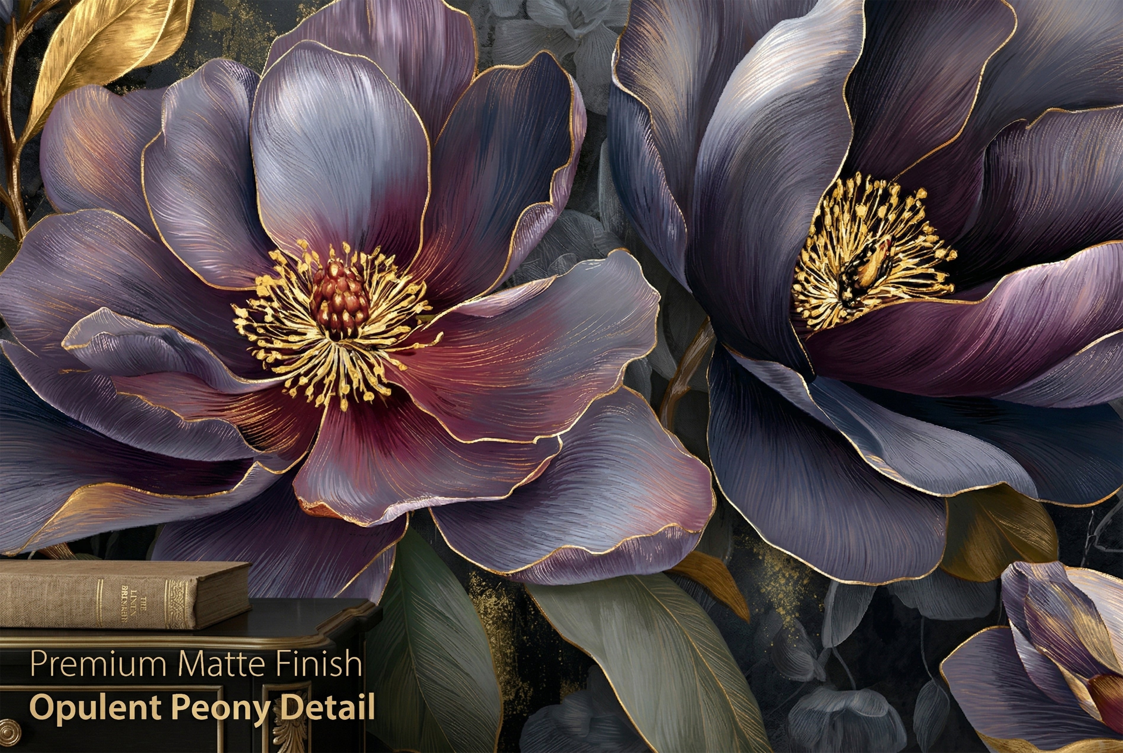 Close up of oversized dark purple peony and gold botanical leaves wallpaper