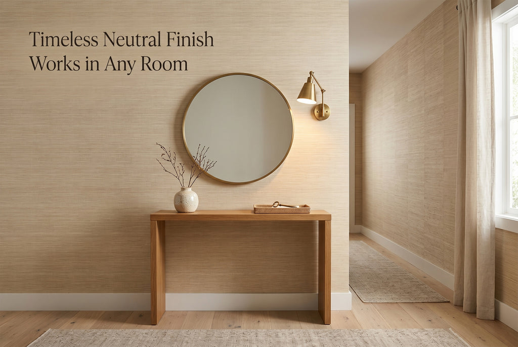 Close up of realistic woven jute effect and sandy beige grasscloth wallpaper