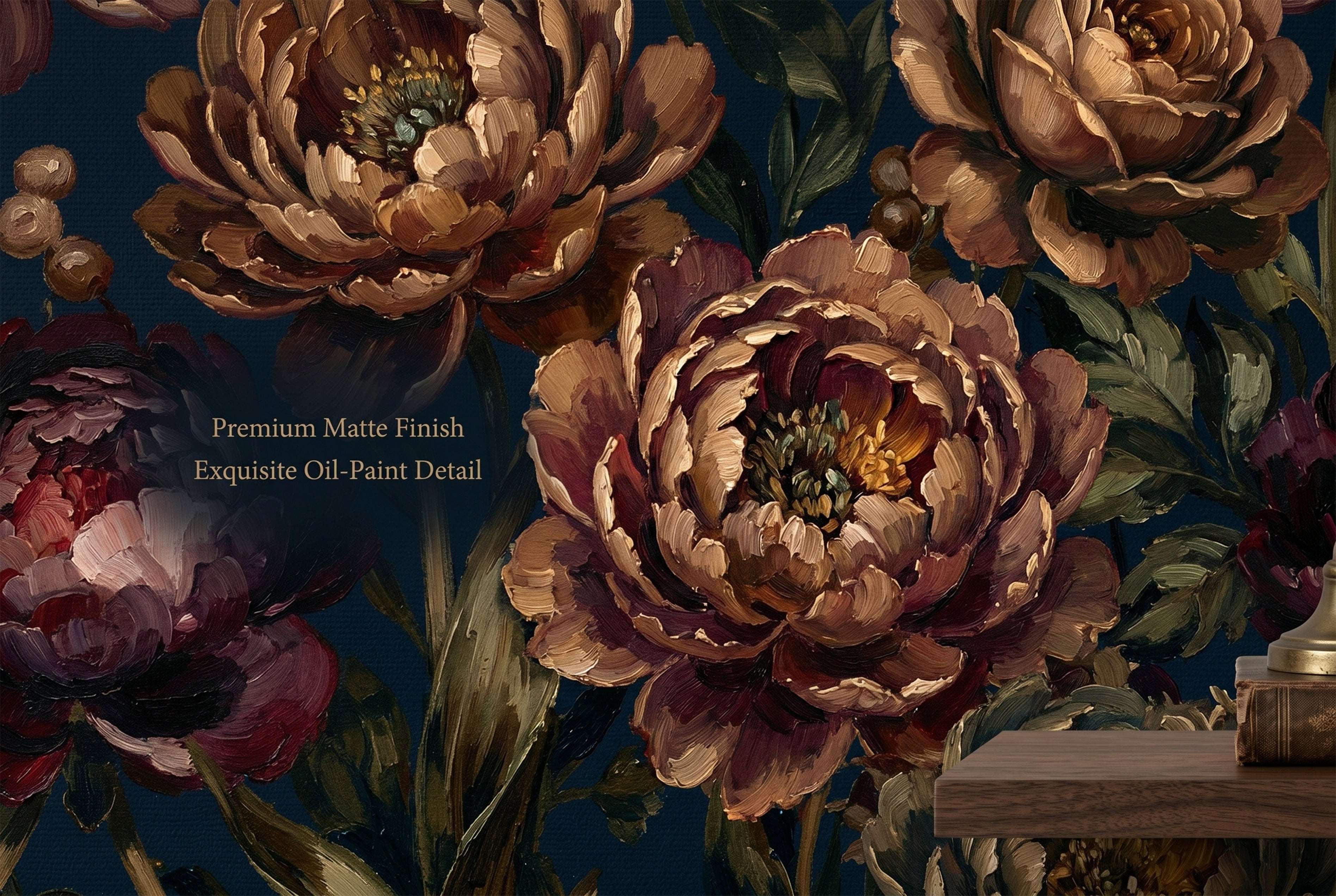 Close up of rich copper and burgundy vintage peony flowers on dark navy wallpaper