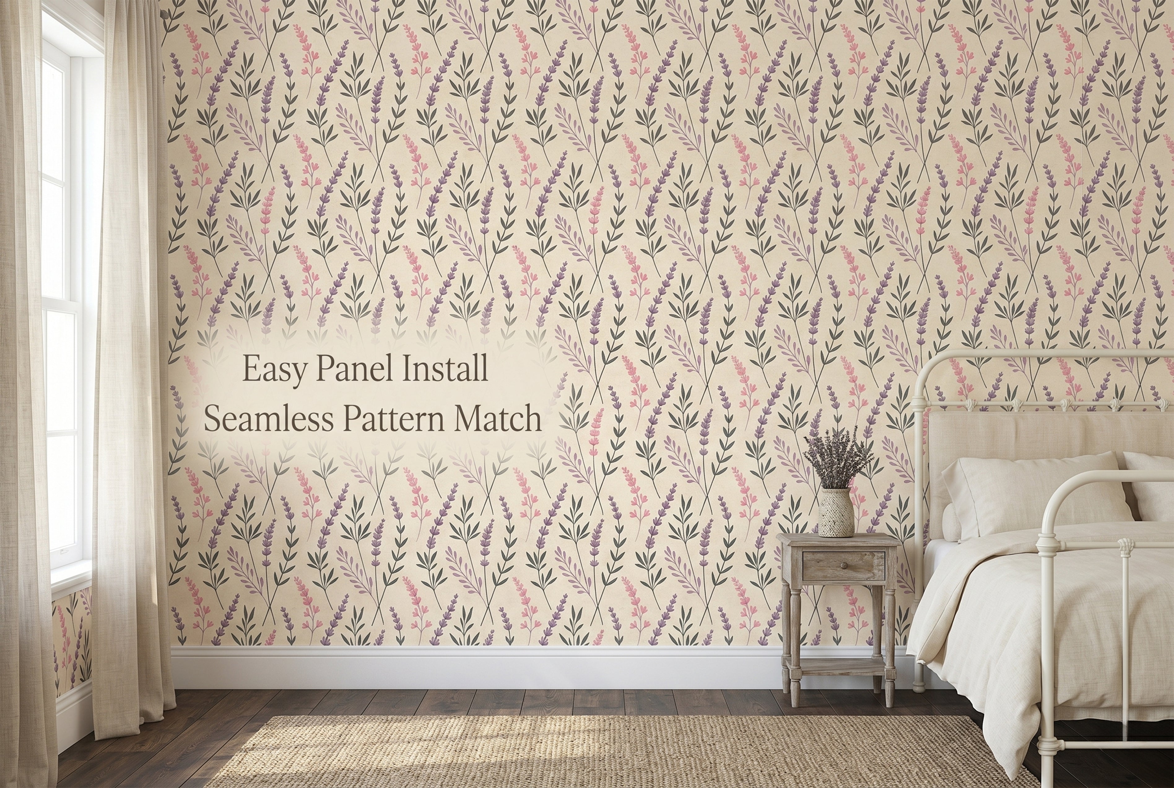 Close up of soft purple lavender and pink wildflowers on cream peel and stick wallpaper
