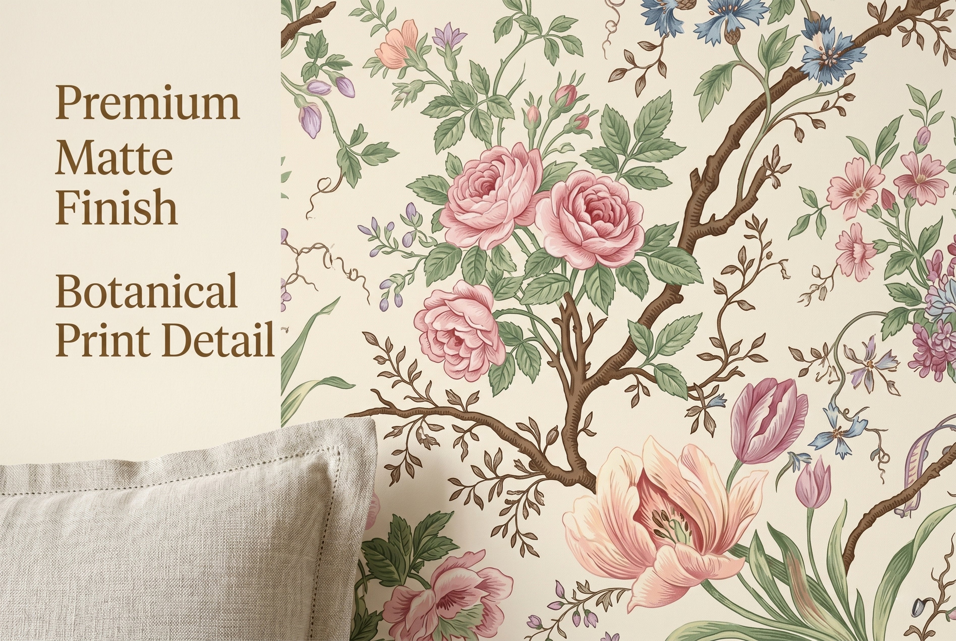 Close up of vintage cottagecore floral wallpaper with dusty rose and sage green botanical print