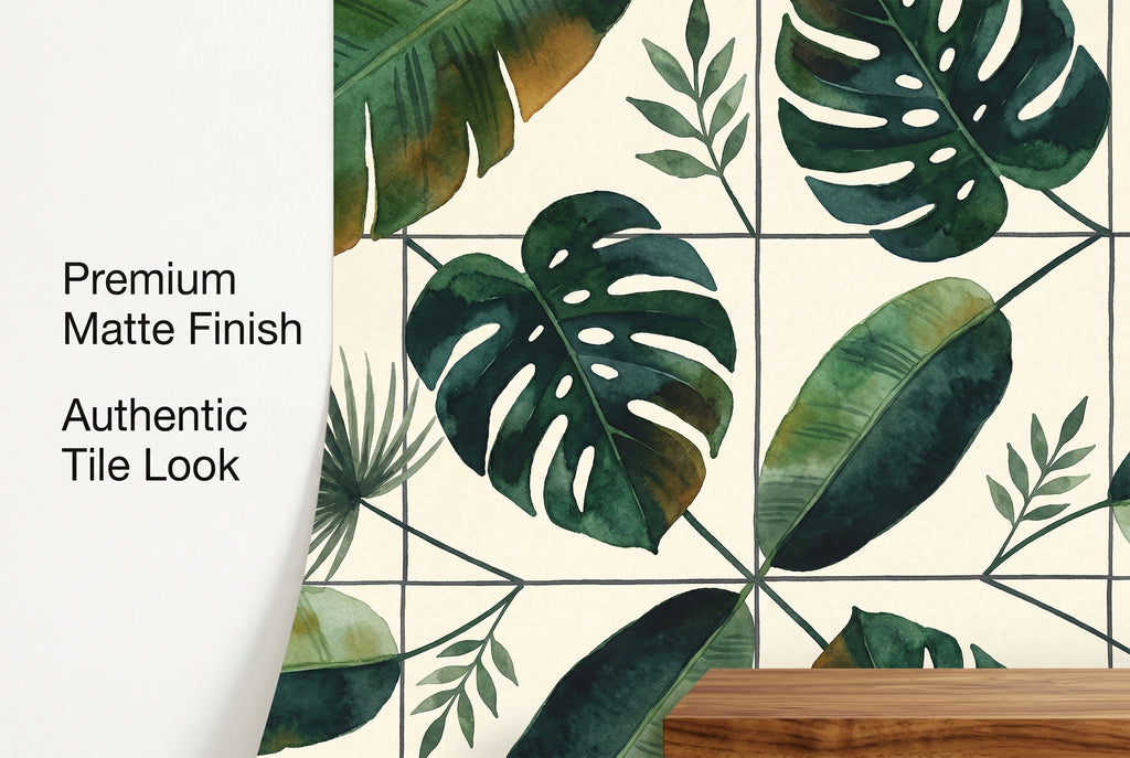 Close up of watercolour monstera and banana leaves on warm cream tropical wallpaper