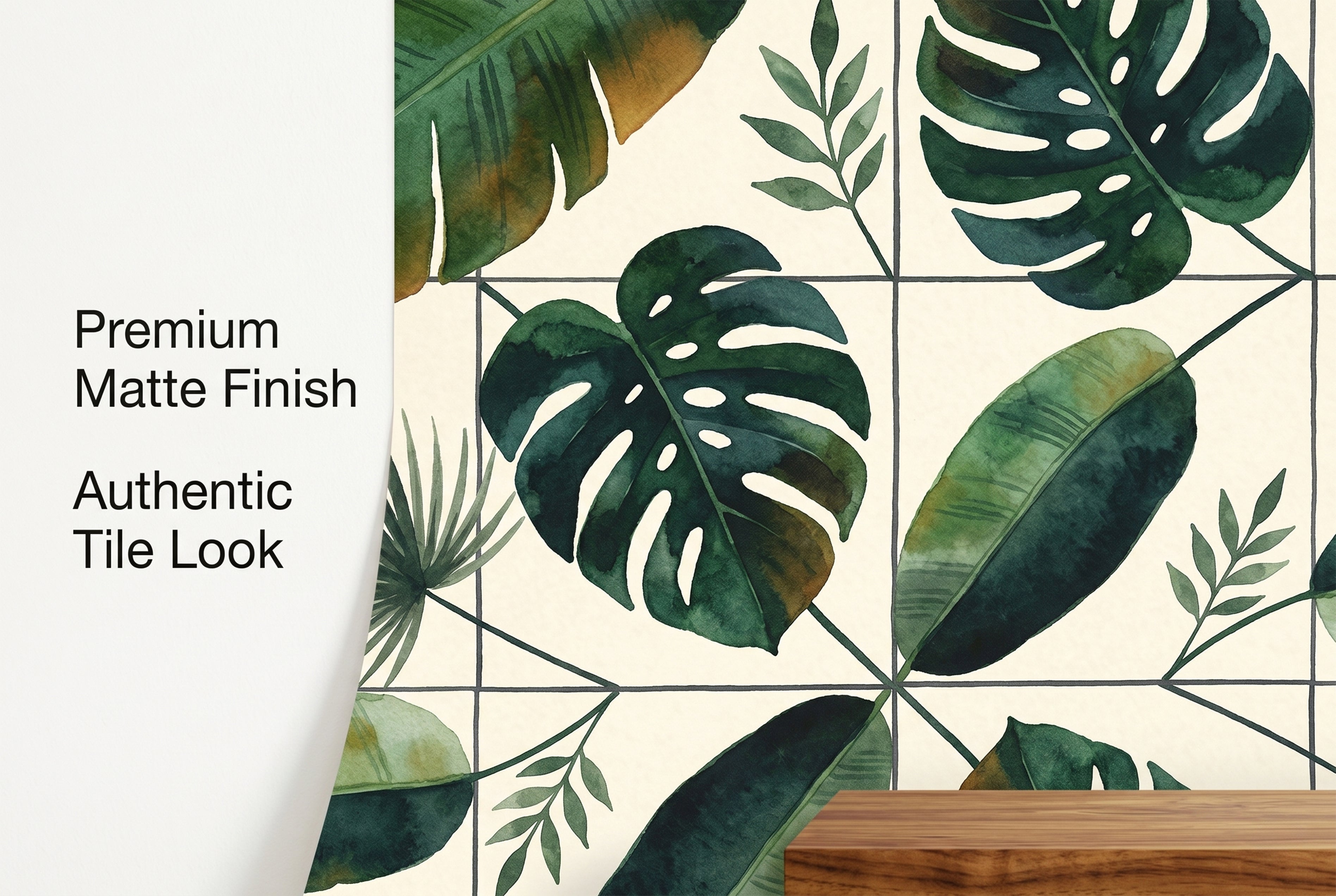 Close up of watercolour monstera and banana leaves on warm cream tropical wallpaper