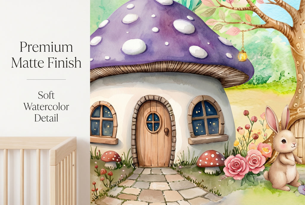 Close up of whimsical purple mushroom house and fairy on nursery wallpaper
