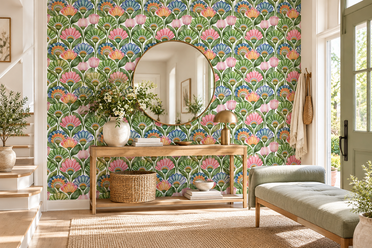 Repeating botanical wallpaper pattern with green leaves and polka dot flower petals