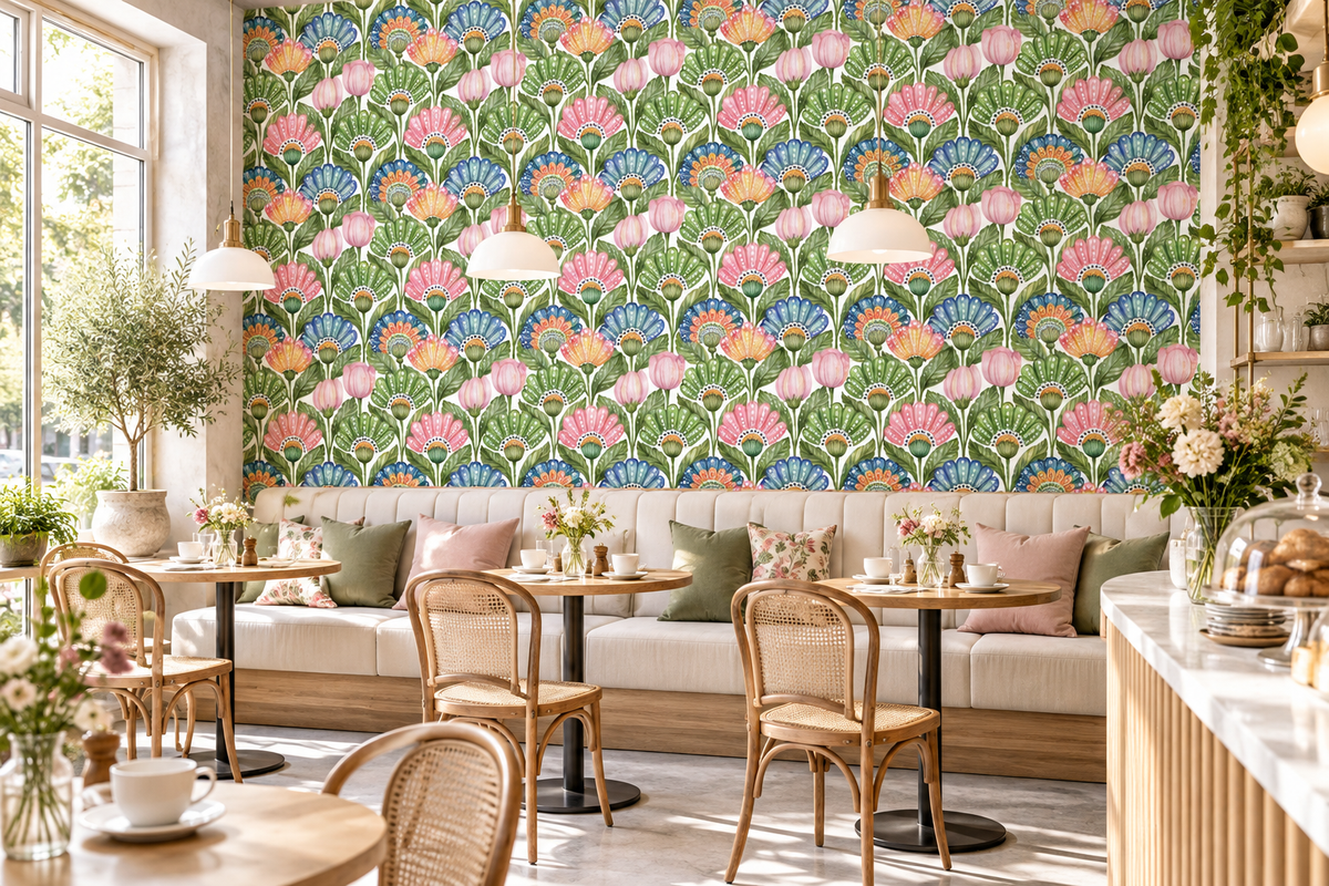 Colorful watercolor floral wallpaper with pink blue and coral flowers on white