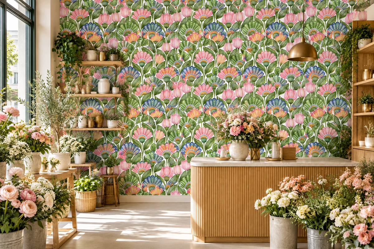 Hand-painted floral wallpaper featuring colorful daisies and lush green foliage