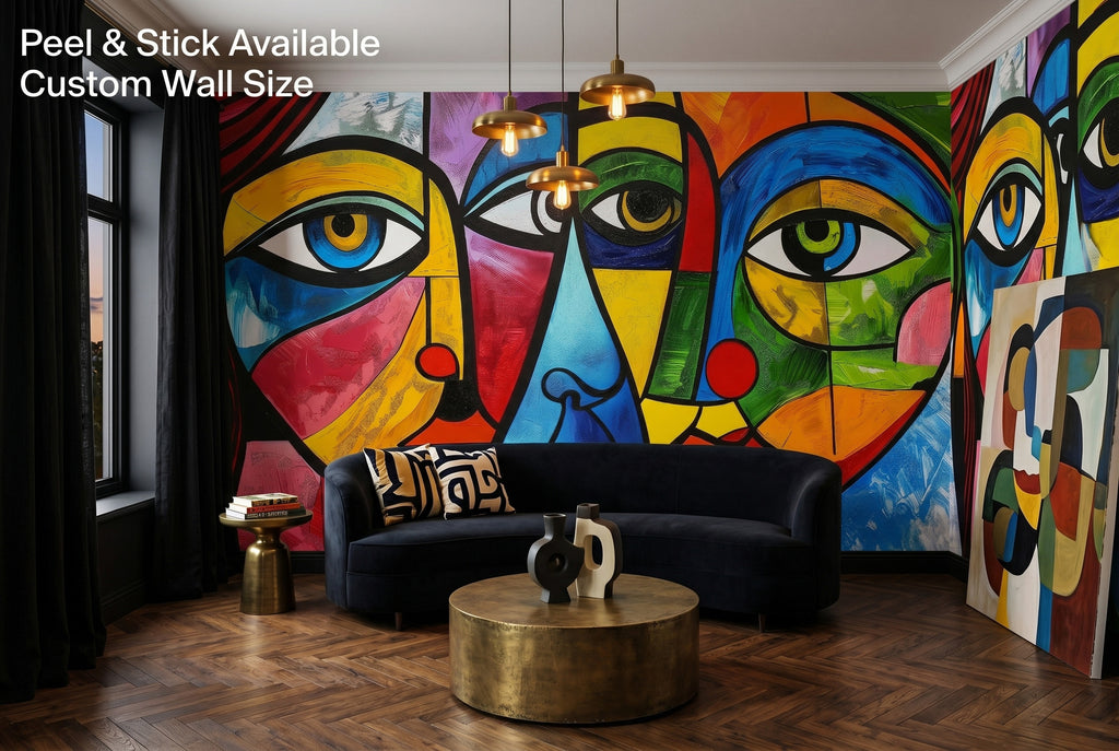 Colorful abstract cubist face wallpaper mural in a bold maximalist living room with black and gold furniture