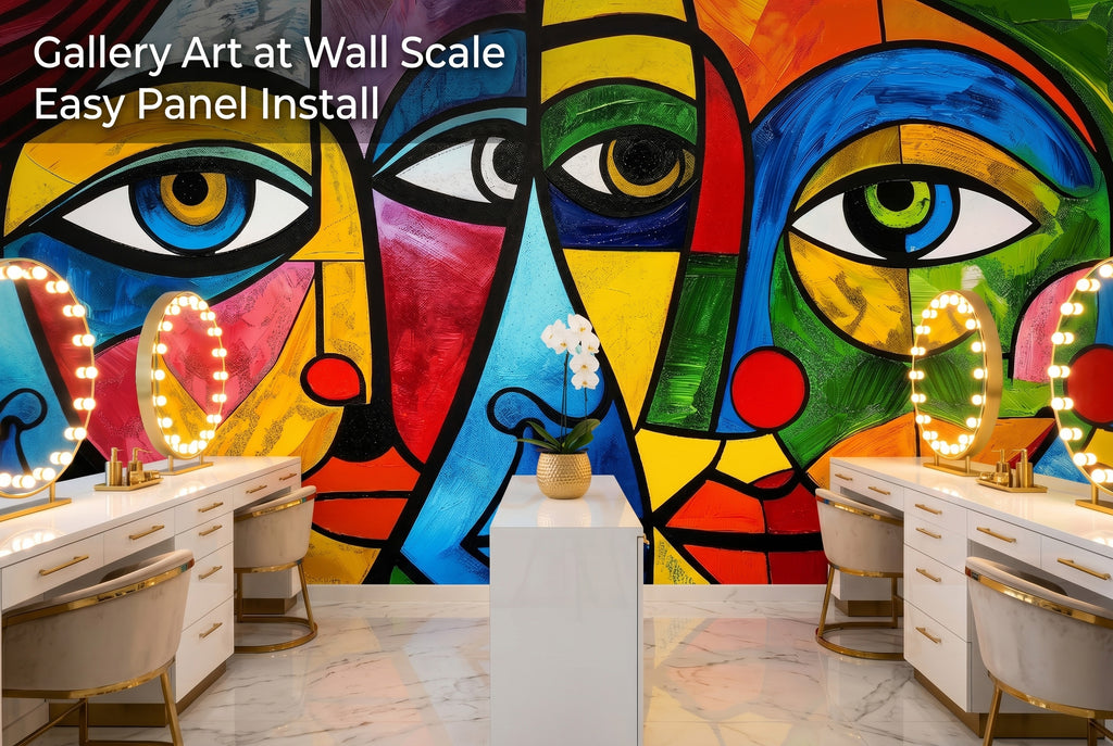 Colorful abstract face wall mural in a modern chic beauty salon or boutique with white and gold interior
