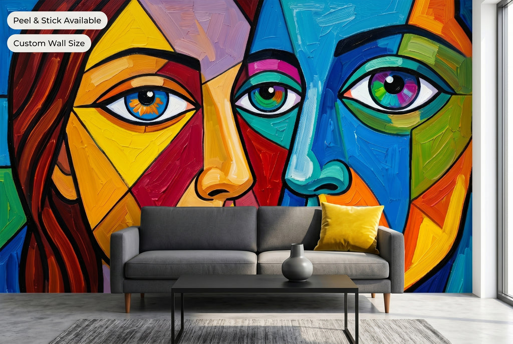 Colorful cubist portrait wall mural in a modern living room
