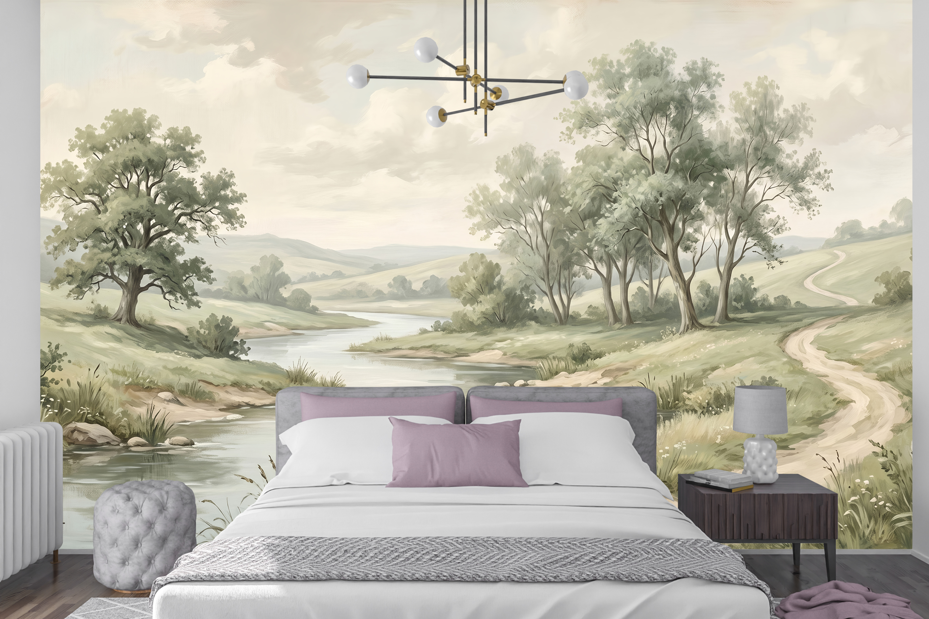 Pastoral nature peel and stick wallpaper behind a cozy vintage bed
