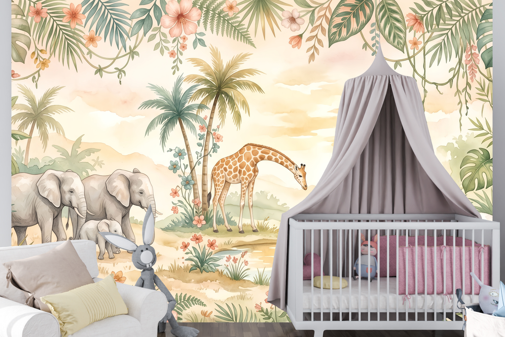 Cream nursery wallpaper safari mural styled in a warm gender-neutral nursery with white cot, natural timber furniture, and soft golden afternoon light — peel and stick or traditional paste nursery wall mural by WallpaperPixi