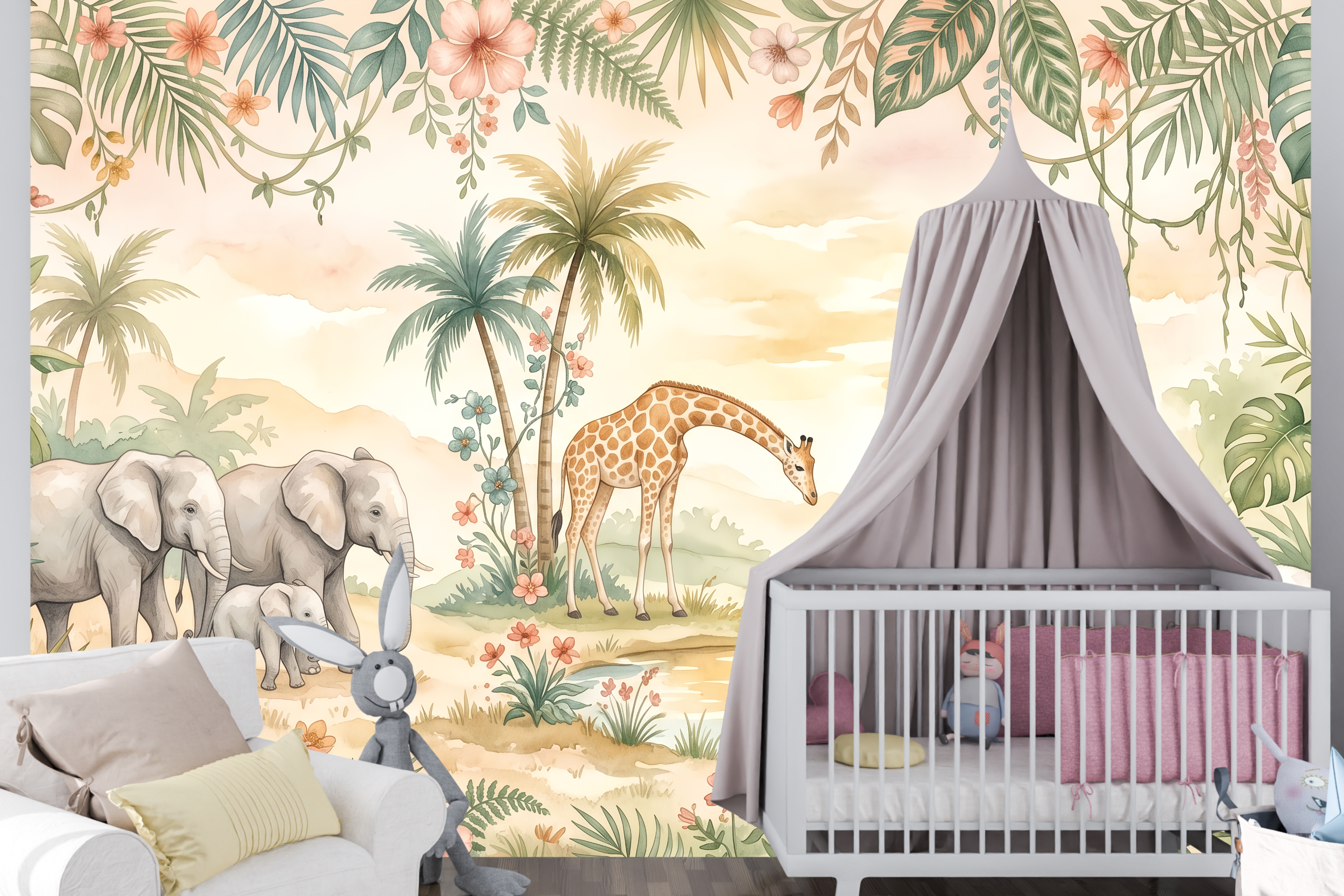 Cream nursery wallpaper safari mural styled in a warm gender-neutral nursery with white cot, natural timber furniture, and soft golden afternoon light — peel and stick or traditional paste nursery wall mural by WallpaperPixi