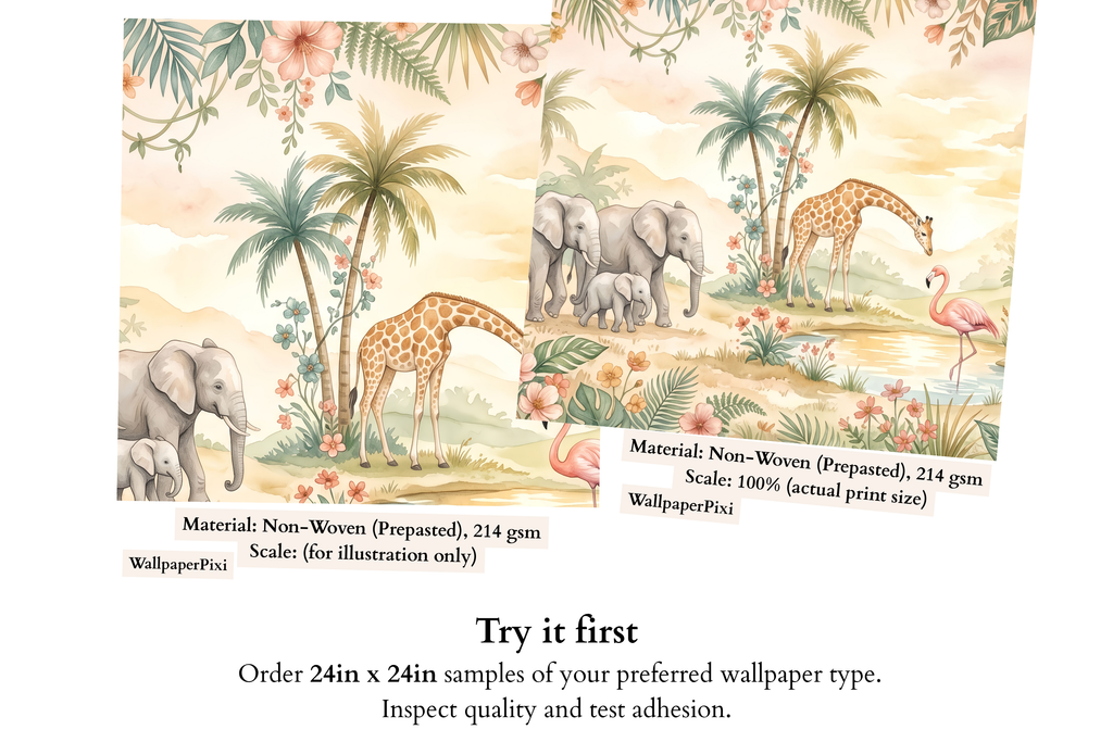Close-up detail of watercolour elephant family with baby elephant, peach tropical flowers, and palm trees on cream nursery wallpaper safari mural — high-definition fade-resistant print by WallpaperPixi