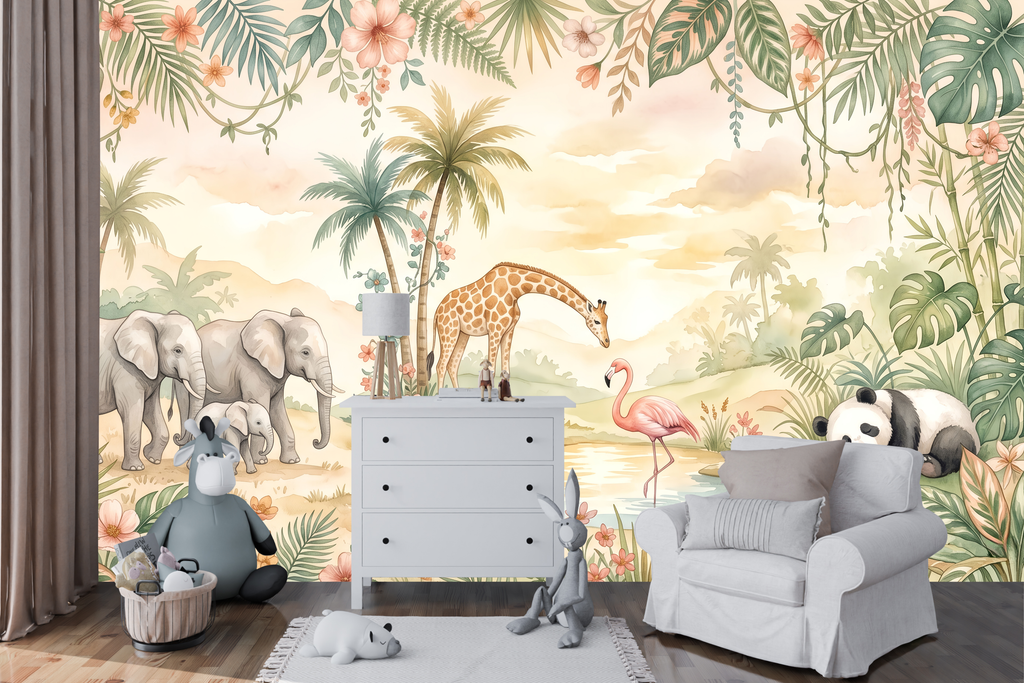 Cream Nursery Wallpaper Safari Animal Tropical Peel and Stick Mural
