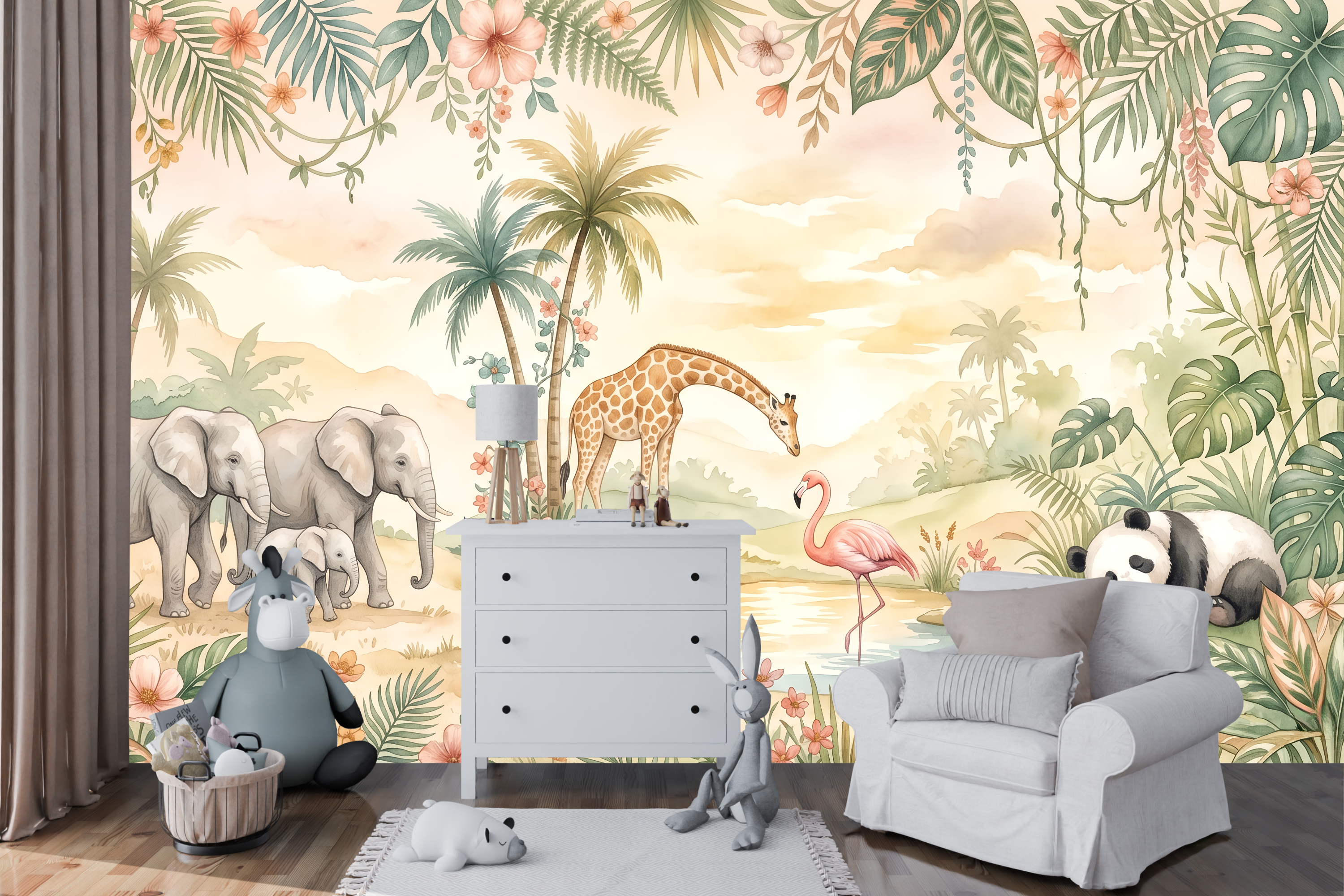 Cream Nursery Wallpaper Safari Animal Tropical Peel and Stick Mural