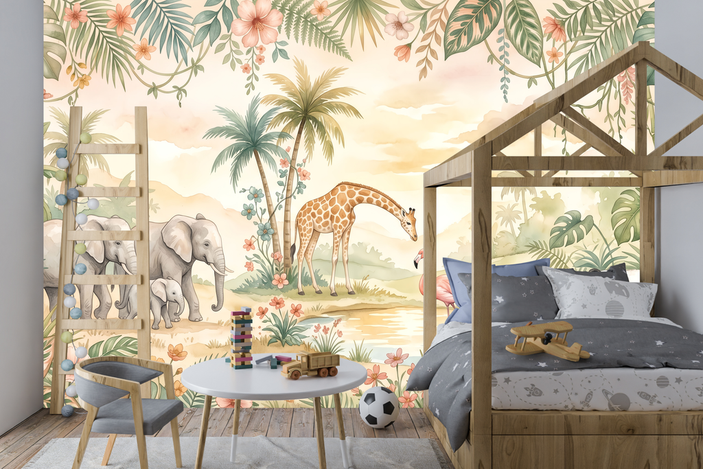 Cream Nursery Wallpaper Safari Animal Tropical Peel and Stick Mural