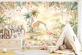 Cream nursery wallpaper mural featuring a watercolour safari scene with an elephant family, gentle giraffe, pink flamingo, and sleeping panda around a tranquil watering hole framed by lush monstera, palm trees, tropical flowers, and golden sunset sky — premium nursery wall mural by WallpaperPixi