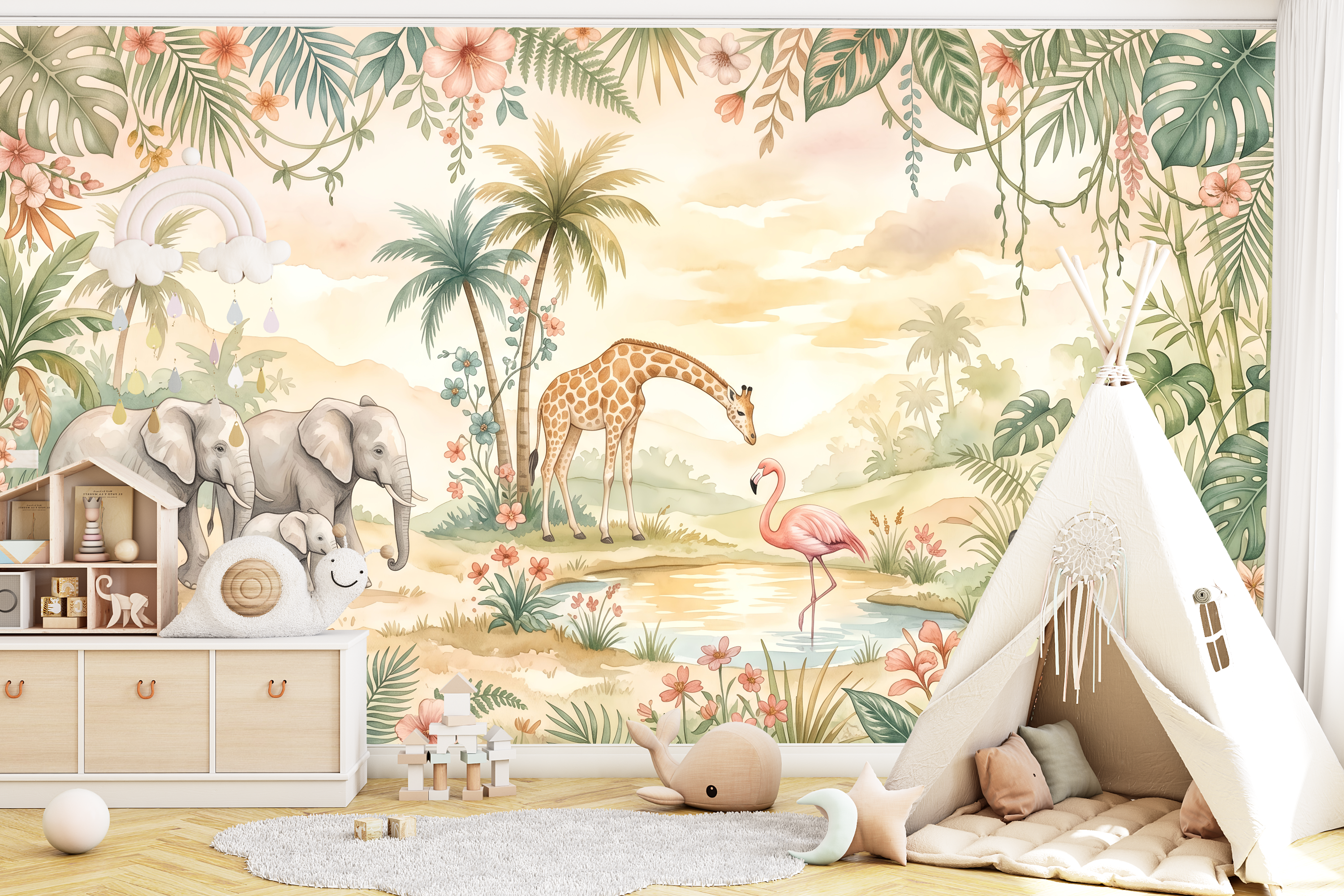 Cream nursery wallpaper mural featuring a watercolour safari scene with an elephant family, gentle giraffe, pink flamingo, and sleeping panda around a tranquil watering hole framed by lush monstera, palm trees, tropical flowers, and golden sunset sky — premium nursery wall mural by WallpaperPixi