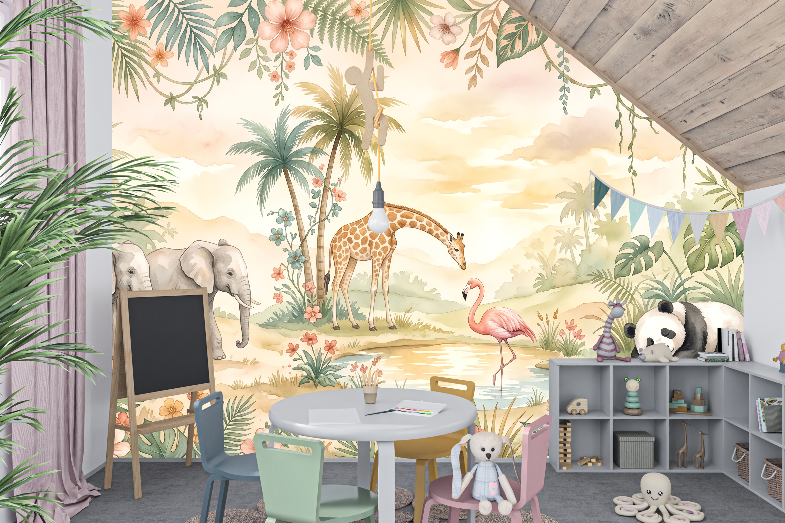 Cream Nursery Wallpaper Safari Animal Tropical Peel and Stick Mural
