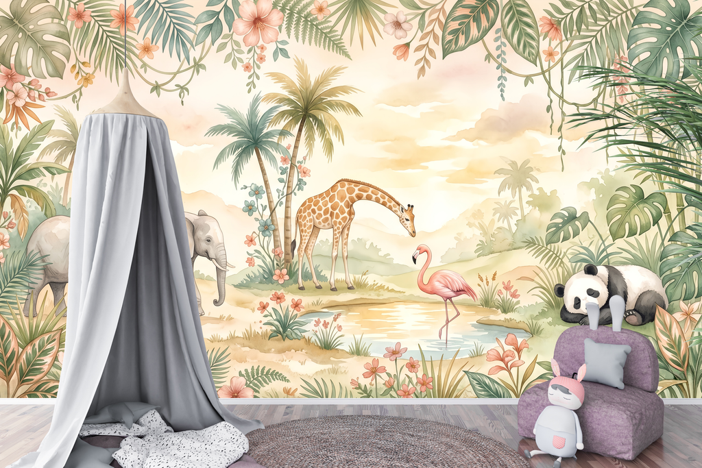 Cream Nursery Wallpaper Safari Animal Tropical Peel and Stick Mural