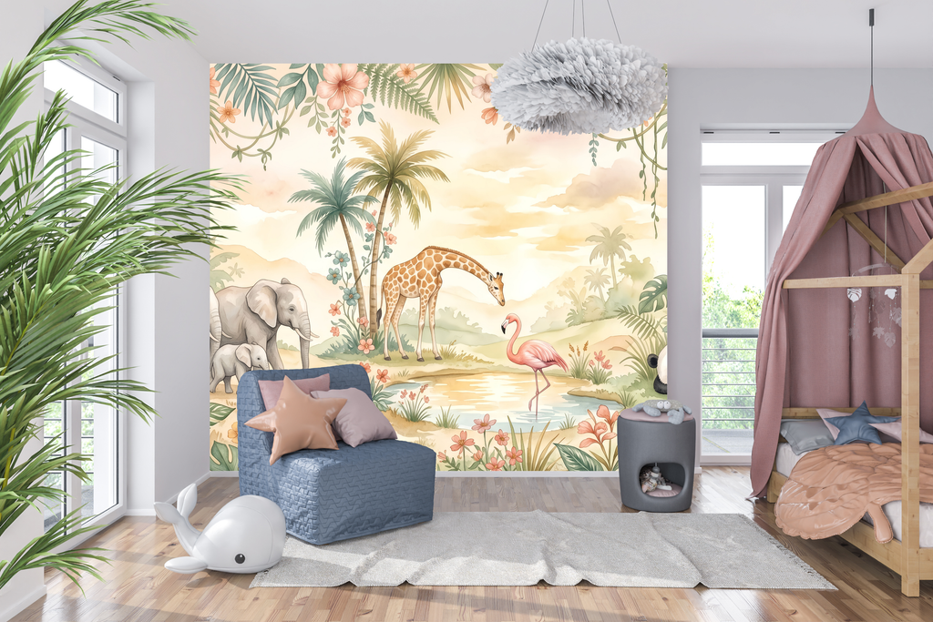 Cream Nursery Wallpaper Safari Animal Tropical Peel and Stick Mural