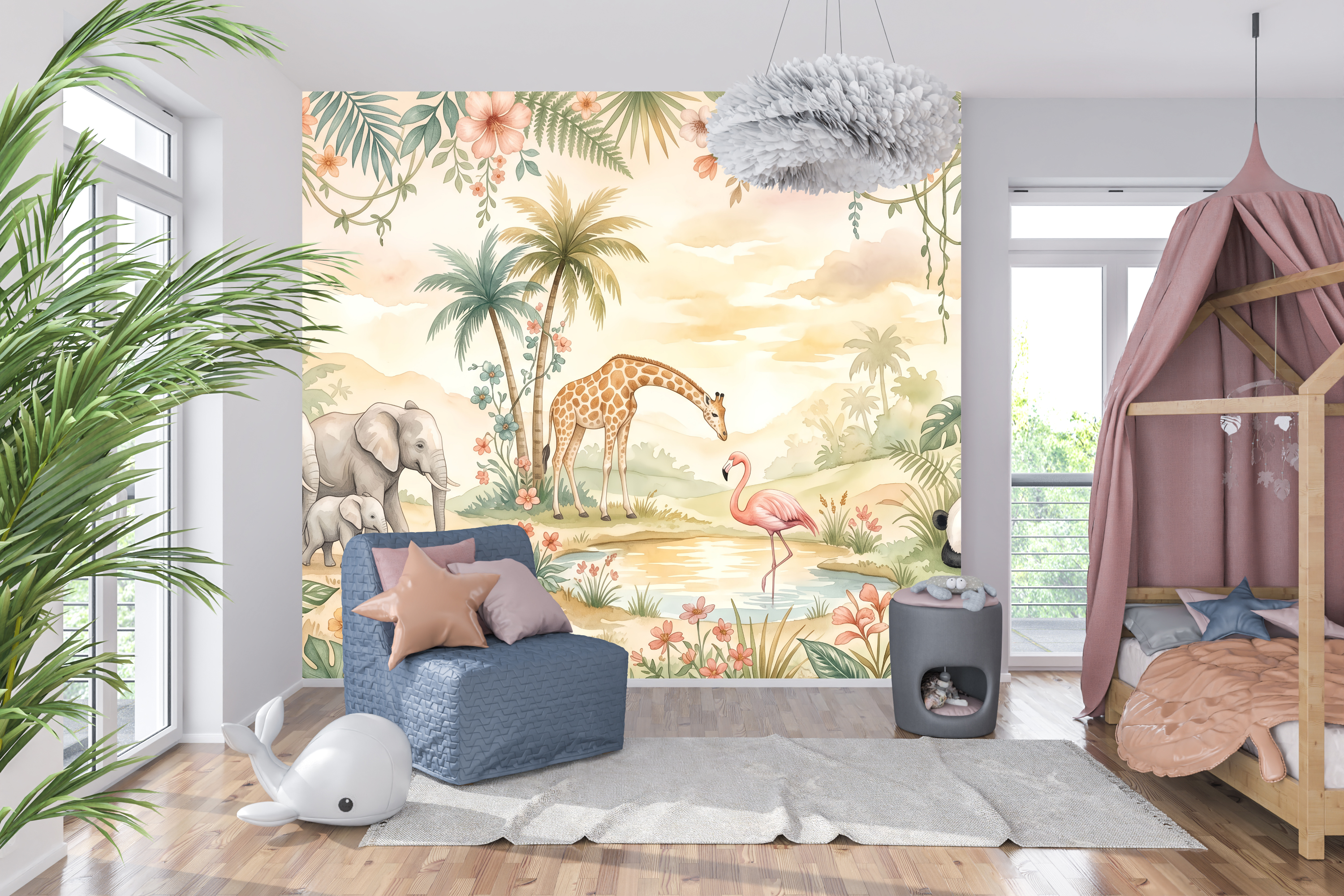 Cream Nursery Wallpaper Safari Animal Tropical Peel and Stick Mural