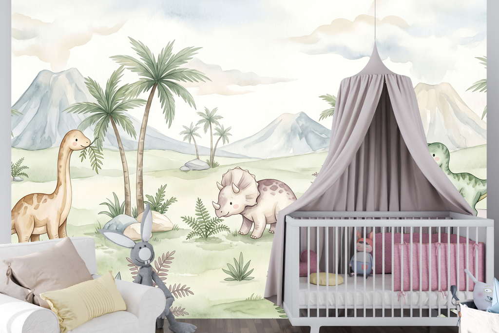 Soft neutral watercolor baby dinosaur mural in a sweet gentle nursery