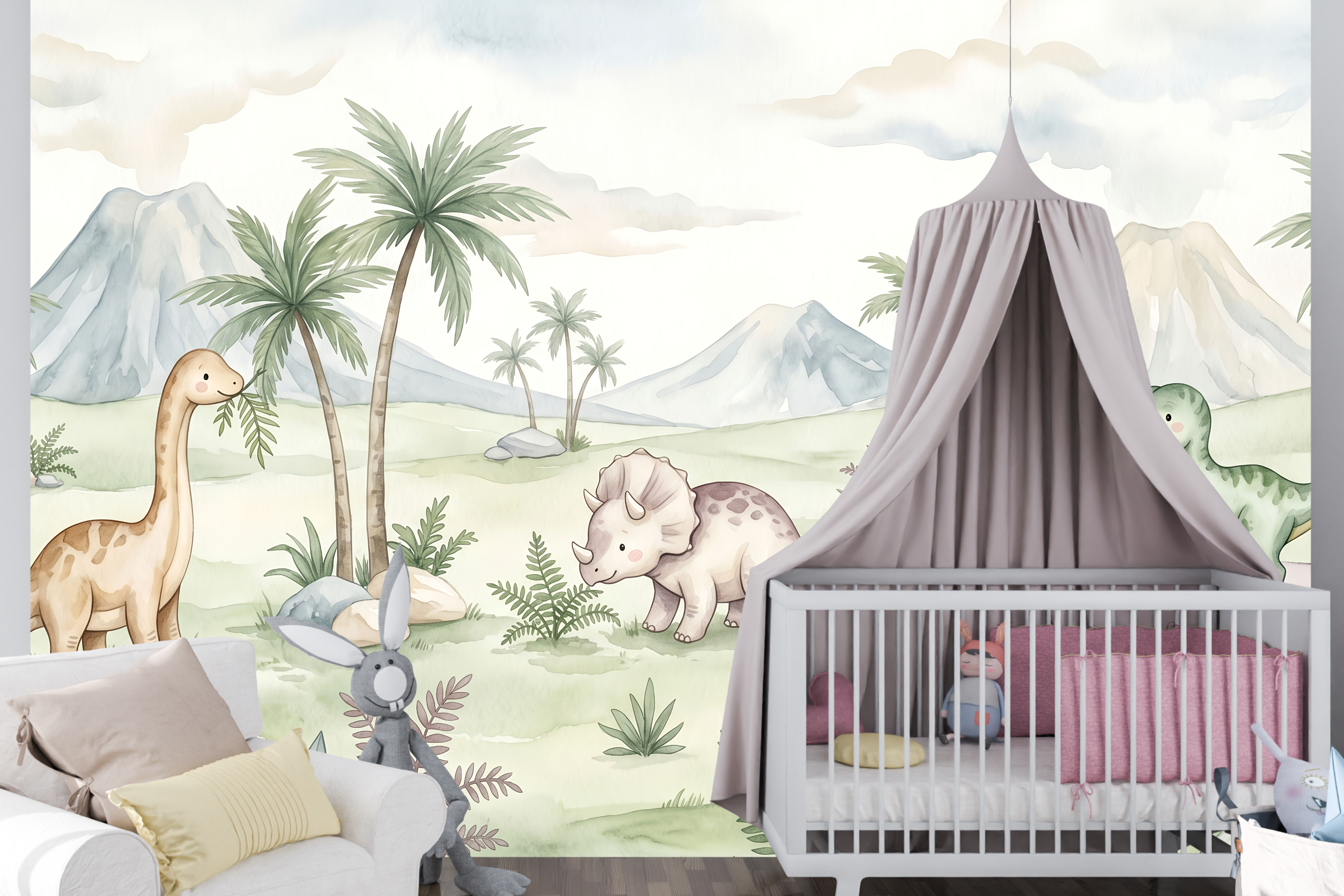 Soft neutral watercolor baby dinosaur mural in a sweet gentle nursery