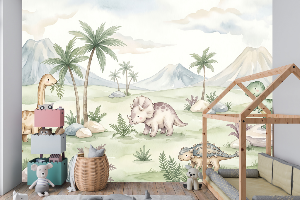 Friendly T-Rex and Triceratops peel and stick wallpaper behind a toddler bed