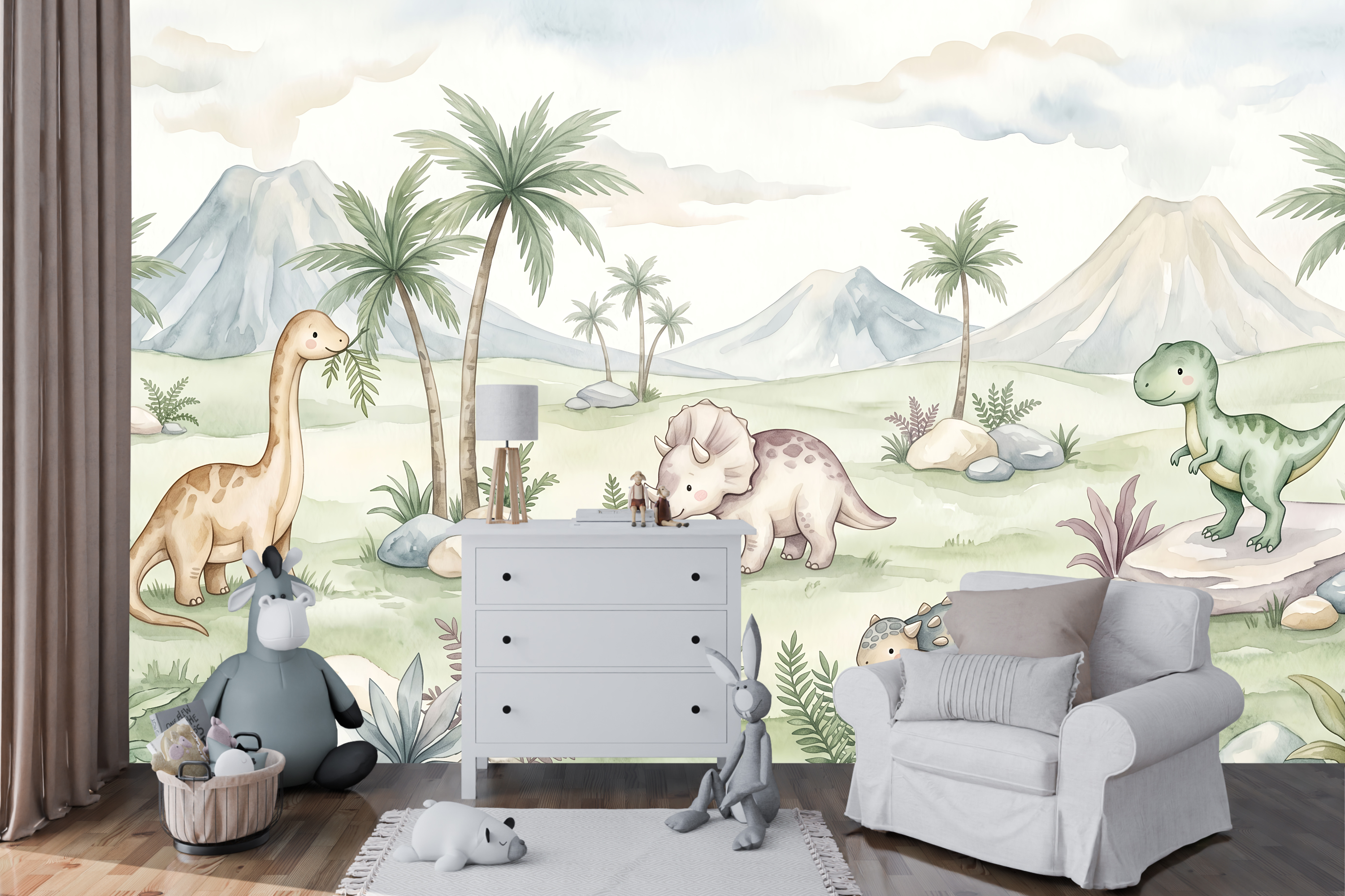 Gentle pastel volcano and palm tree wall mural transforming a cozy reading corner