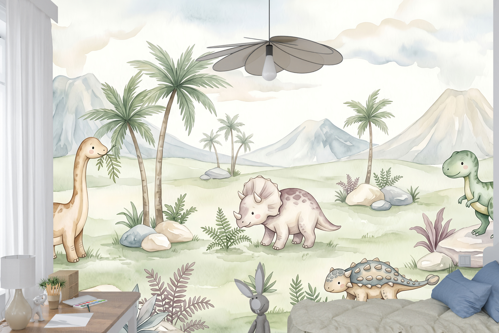 Cute Pastel Watercolor Dinosaur Friends Wall Mural Gentle Prehistoric Nursery Wallpaper