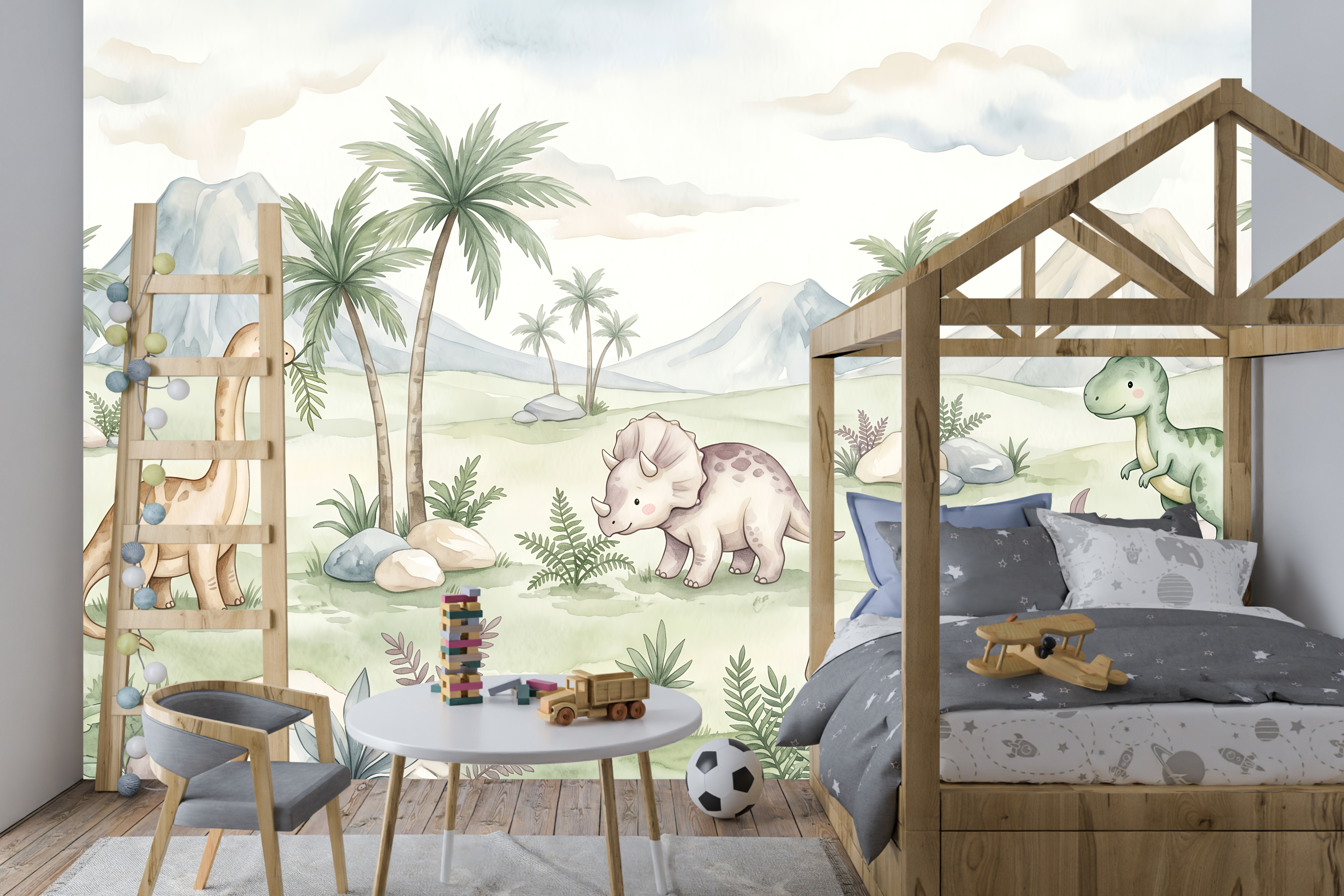Cute Pastel Watercolor Dinosaur Friends Wall Mural Gentle Prehistoric Nursery Wallpaper