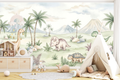 Joyful prehistoric mountain landscape wall mural creating a calming accent wall in a playroom