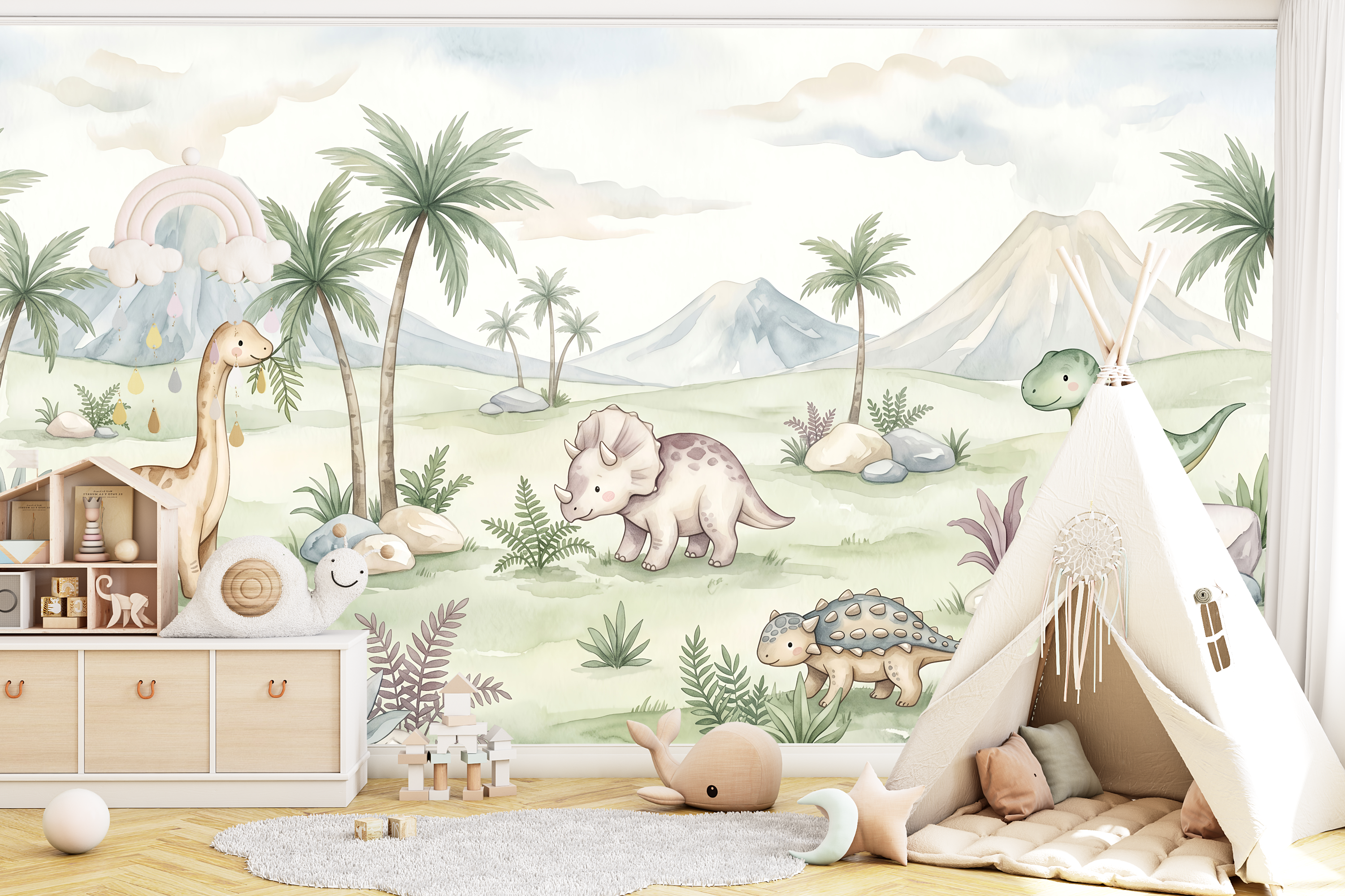 Joyful prehistoric mountain landscape wall mural creating a calming accent wall in a playroom
