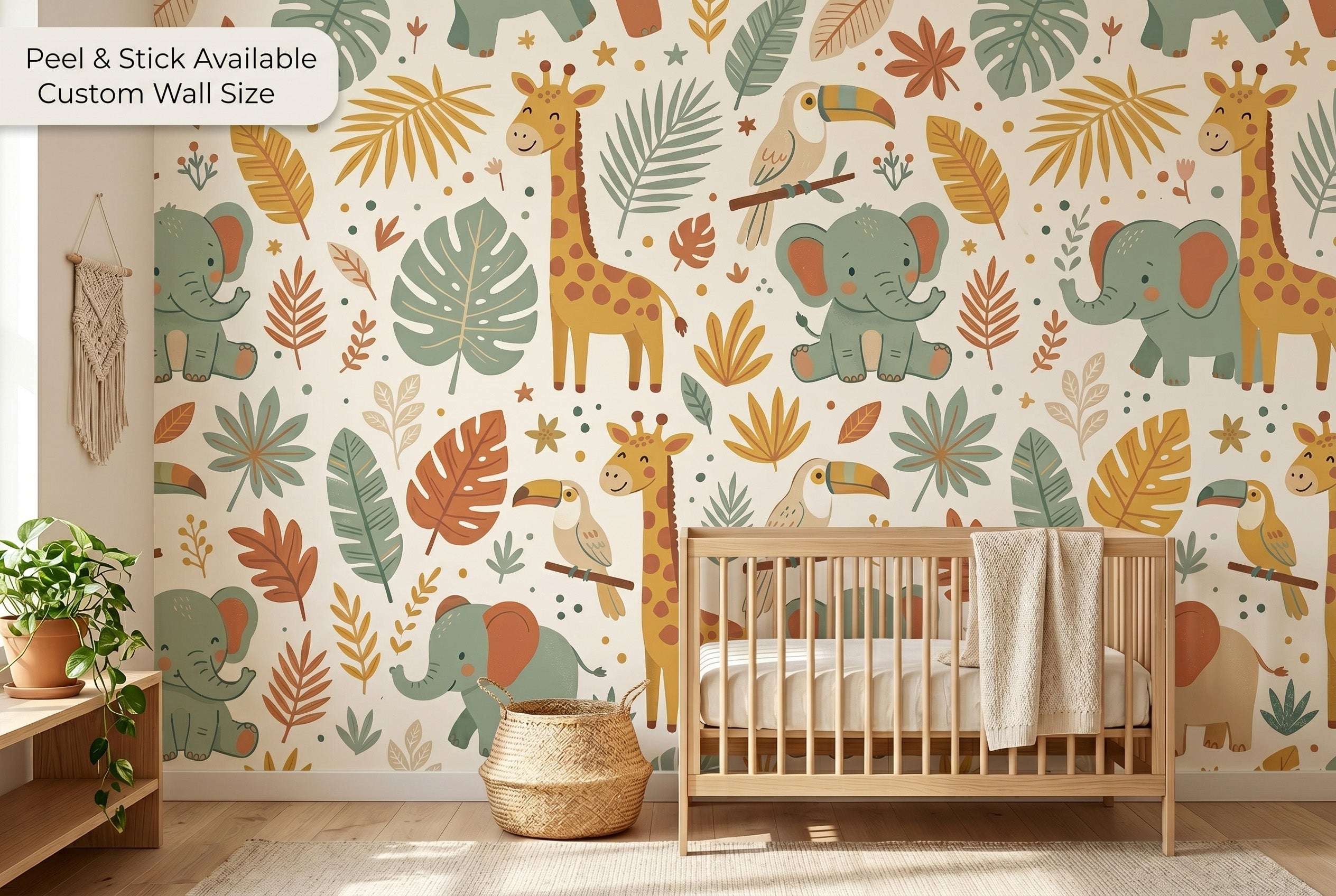 Cute boho safari animal peel and stick wallpaper in a gender neutral nursery