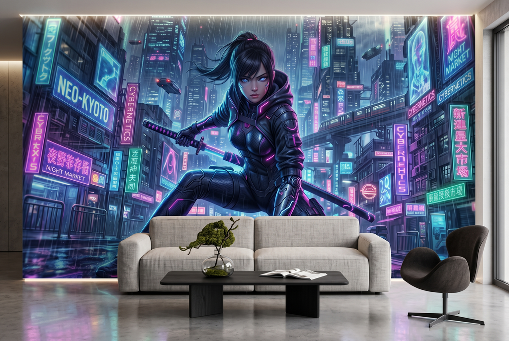 Edgy neon street scene wallpaper applied in a high tech VR gaming arcade