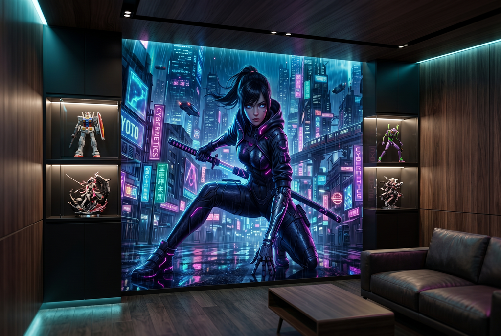 Sci-fi anime character and glowing katana wall art creating a dynamic streaming background