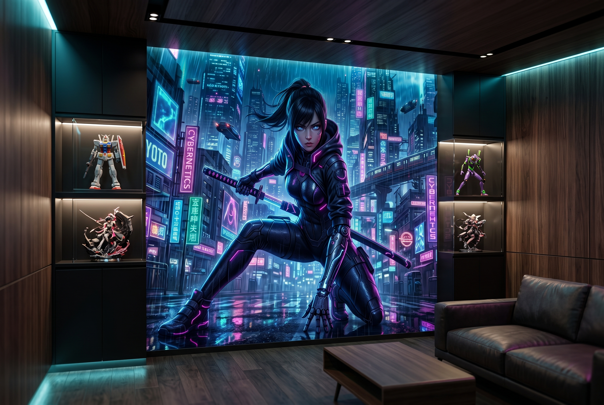 Sci-fi anime character and glowing katana wall art creating a dynamic streaming background