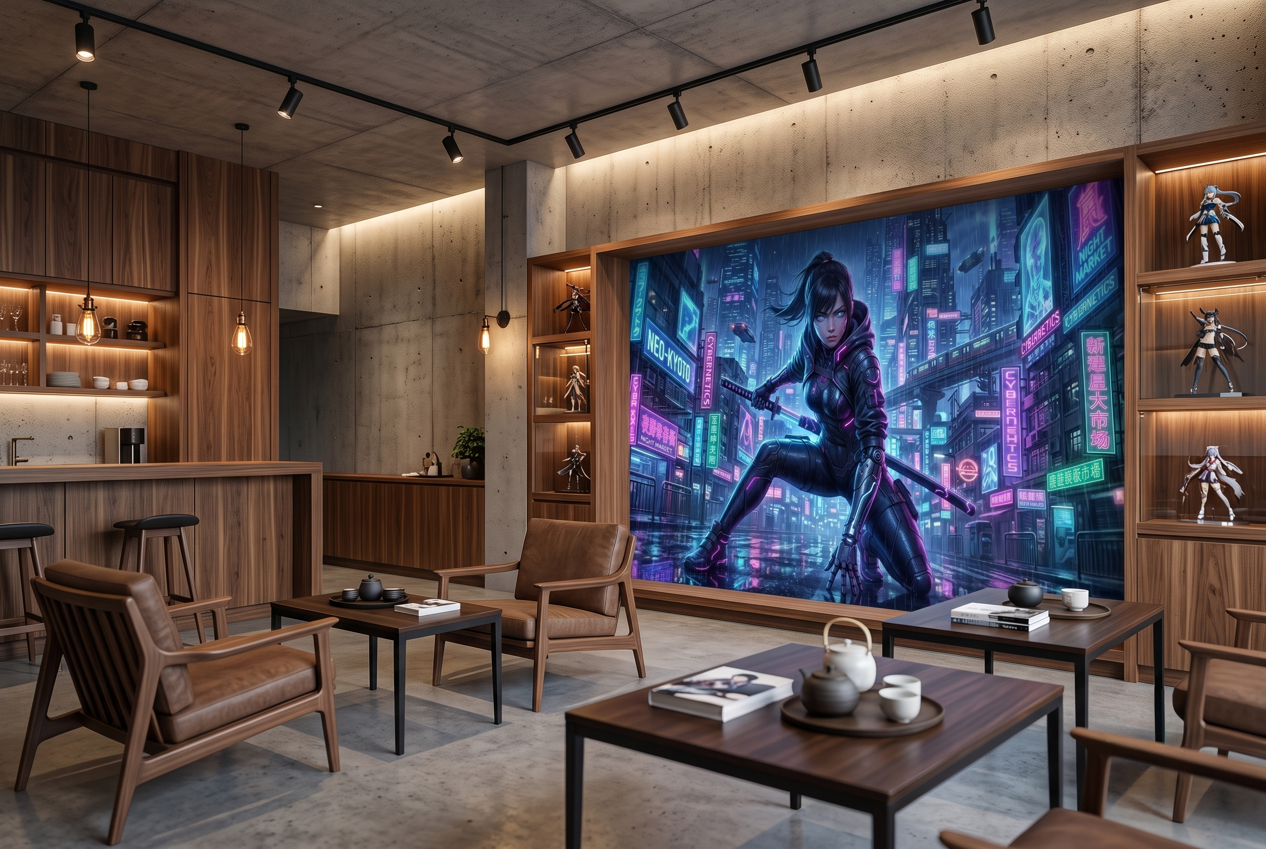 Cinematic cyberpunk metropolis mural transforming a dark modern home theater