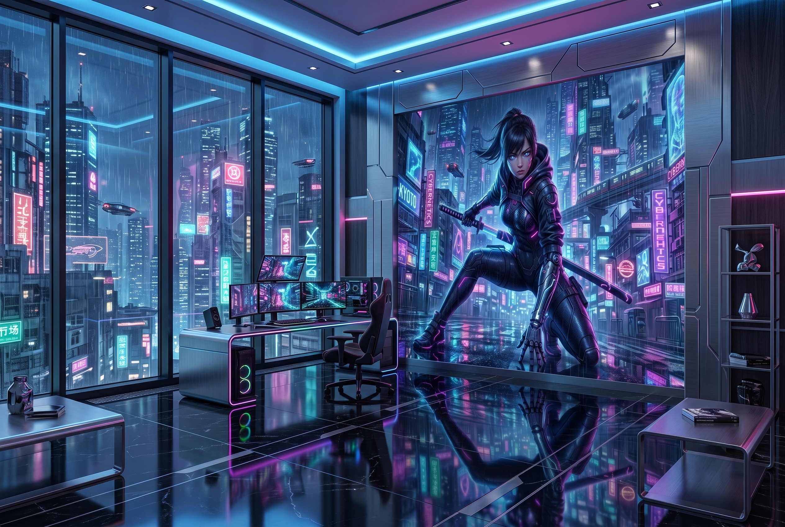 Cyberpunk neon samurai girl wall mural in an ultimate immersive gaming room