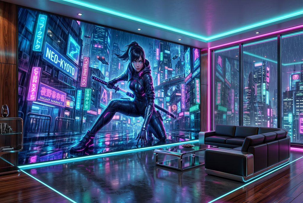 Cyberpunk Neon Samurai Girl Anime Mural  Futuristic Sci-Fi Cityscape Wallpaper