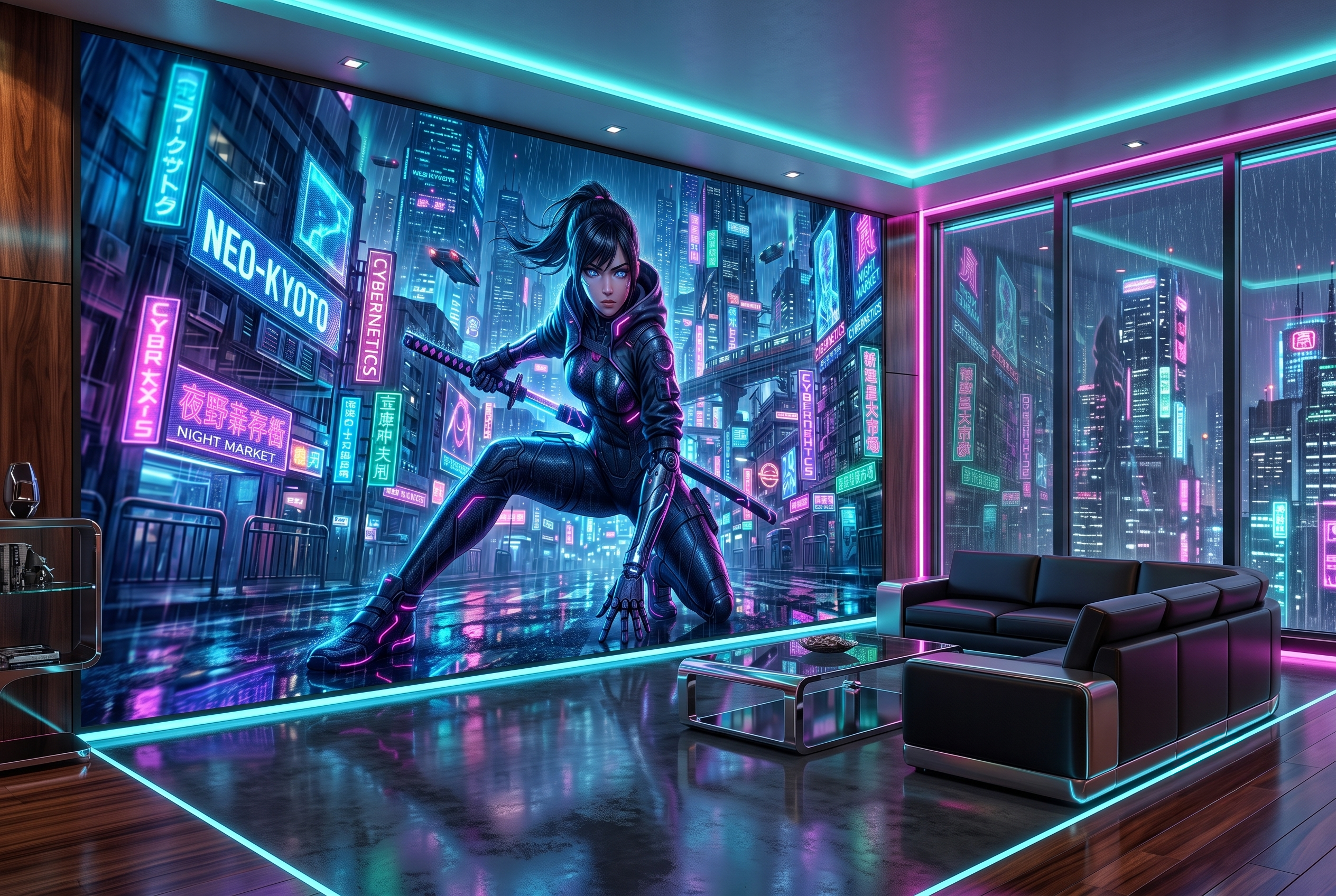 Cyberpunk Neon Samurai Girl Anime Mural  Futuristic Sci-Fi Cityscape Wallpaper