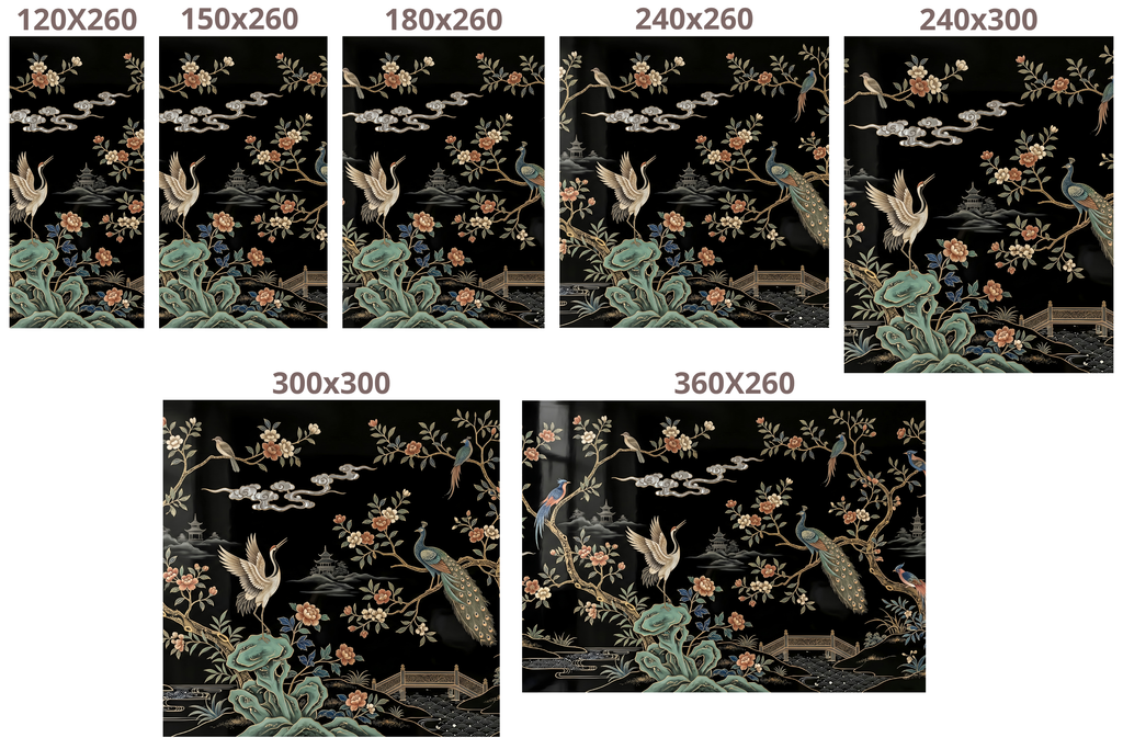 Dark Chinoiserie Peacock & Crane Mural Luxury Black Lacquer Faux Inlay Wallpaper