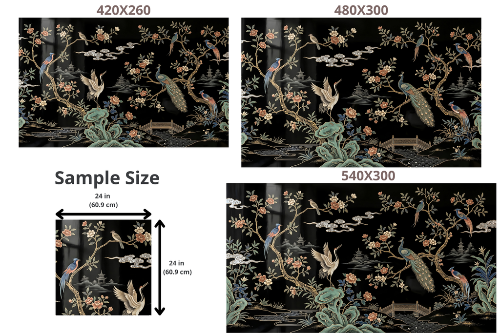 Dark Chinoiserie Peacock & Crane Mural Luxury Black Lacquer Faux Inlay Wallpaper