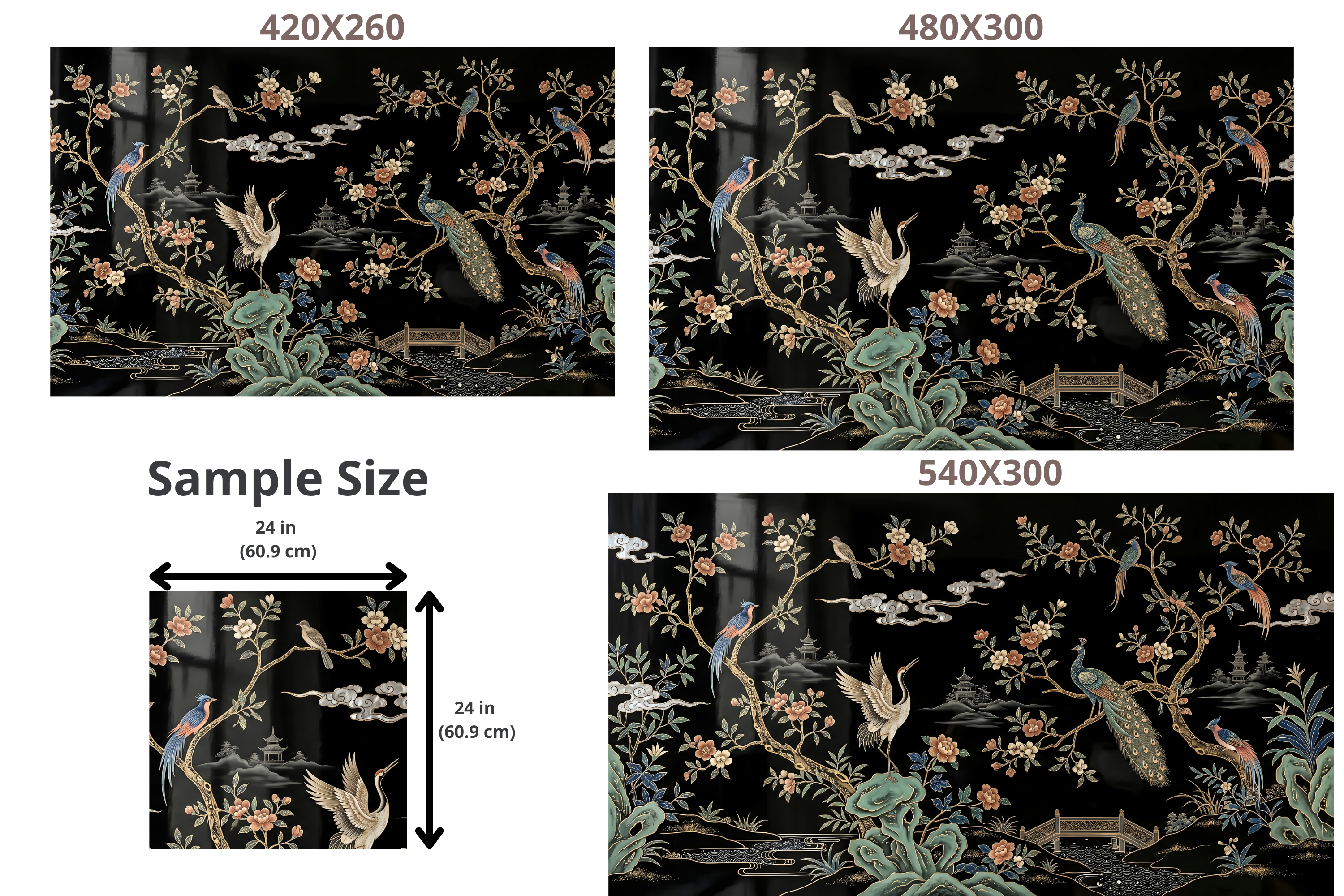 Dark Chinoiserie Peacock & Crane Mural Luxury Black Lacquer Faux Inlay Wallpaper