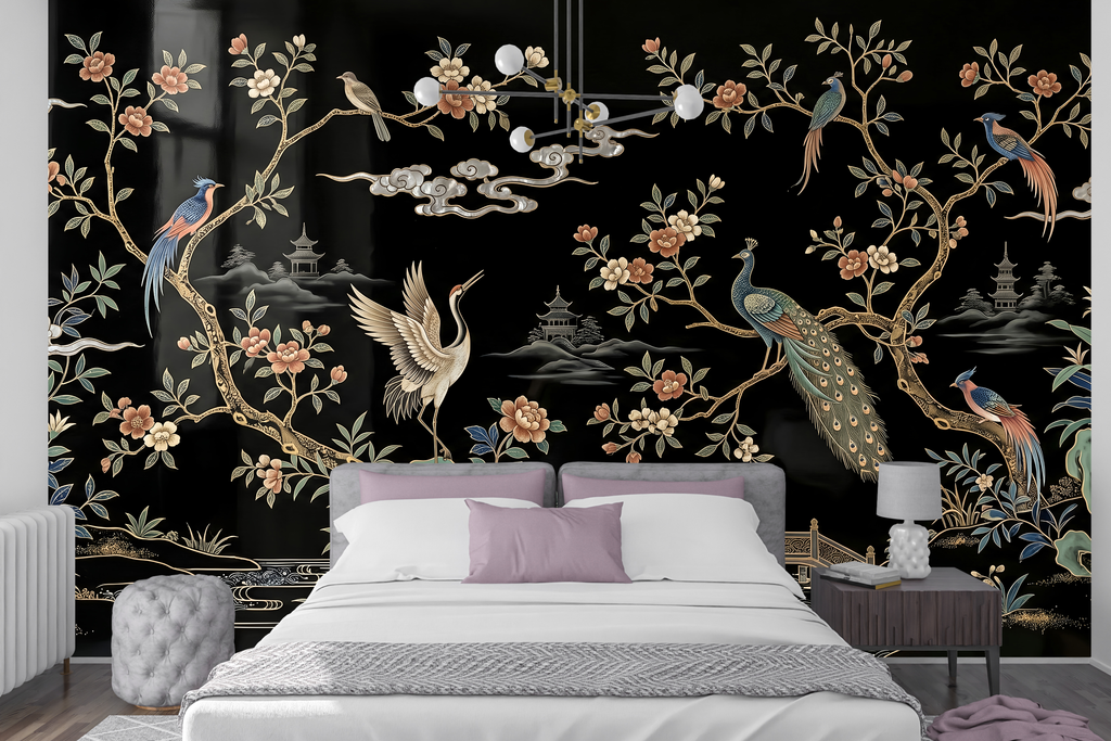 Black lacquer faux inlay peel and stick wallpaper behind an elegant velvet bed