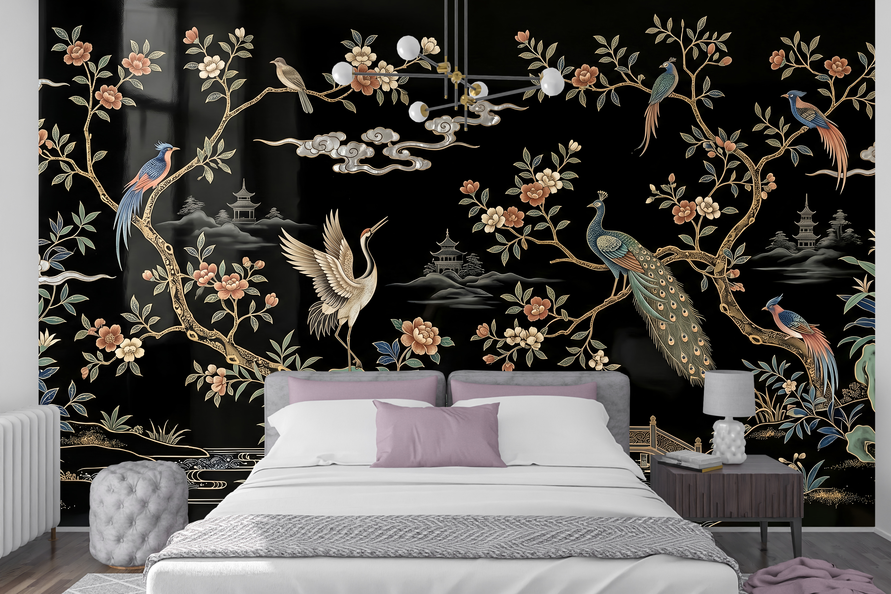 Black lacquer faux inlay peel and stick wallpaper behind an elegant velvet bed