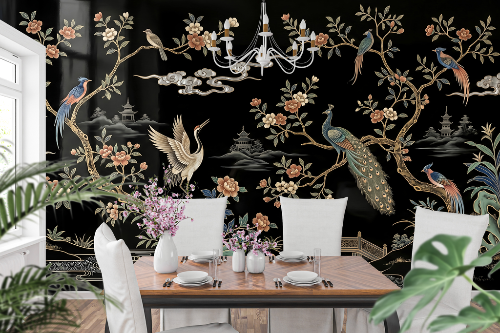 Dark Chinoiserie peacock mural in a luxurious moody dining room